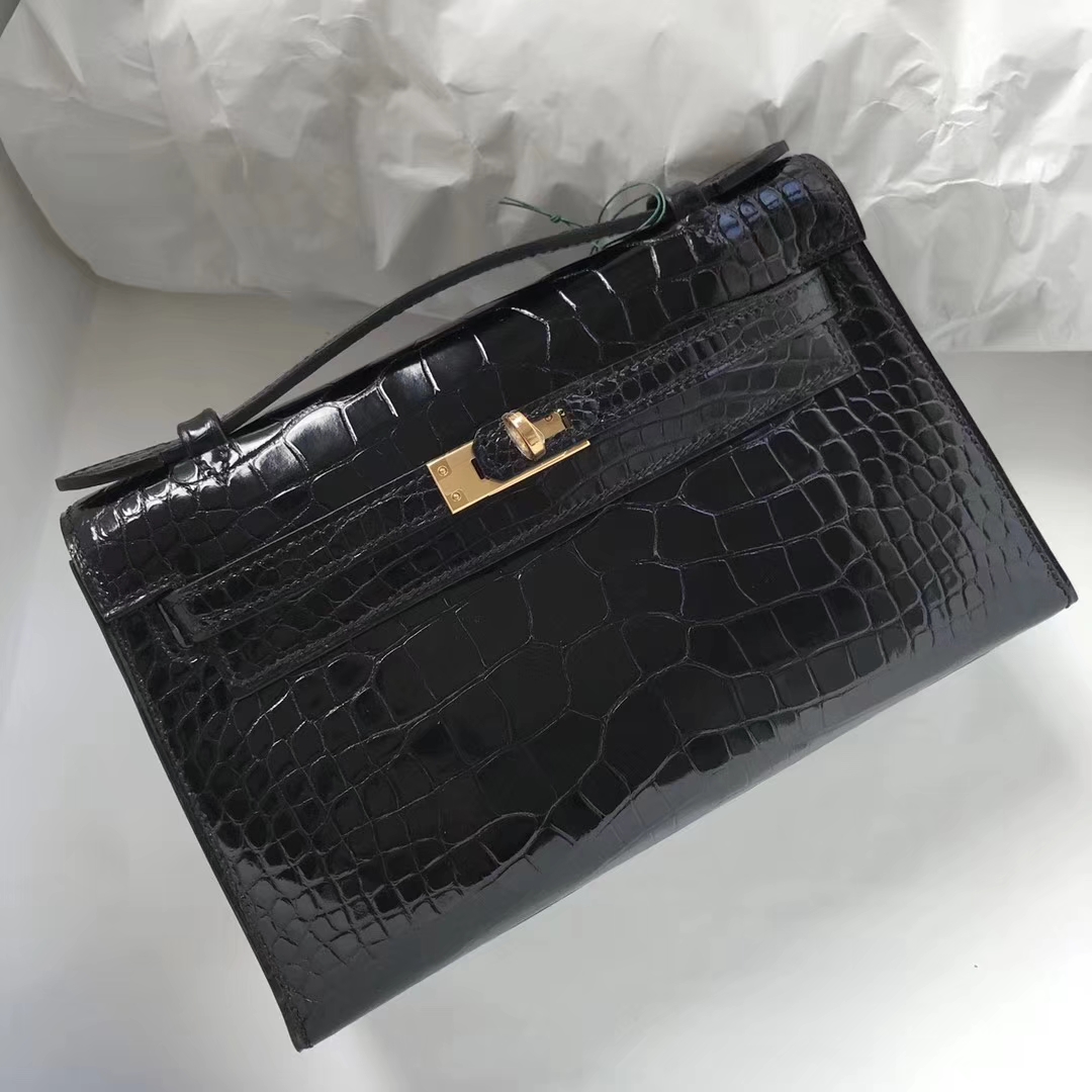 Fashion Hermes CK89 Black Shiny Crocodile Minikelly Evening Bag Gold Hardware