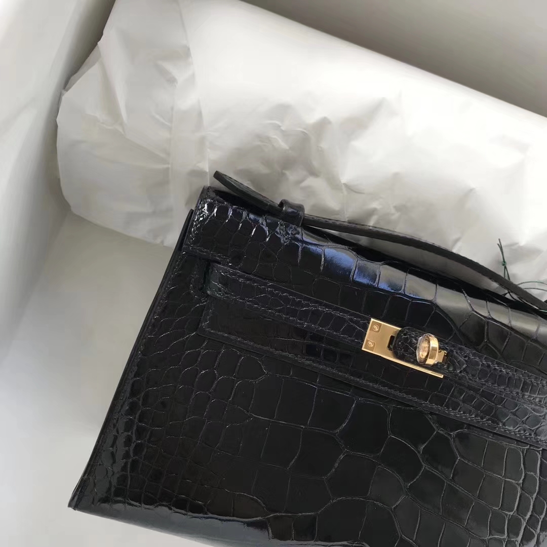 Fashion Hermes CK89 Black Shiny Crocodile Minikelly Evening Bag Gold Hardware