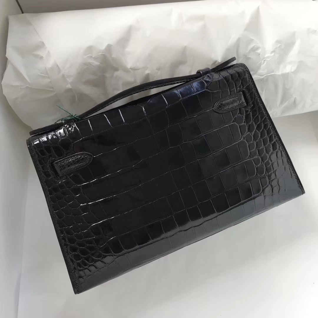Fashion Hermes CK89 Black Shiny Crocodile Minikelly Evening Bag Gold Hardware
