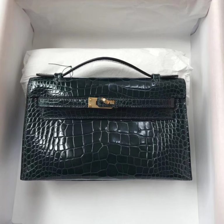 Hermes Shiny Crocodile Minikelly Clutch Bag in 1P Blue Colvert Gold Hardware