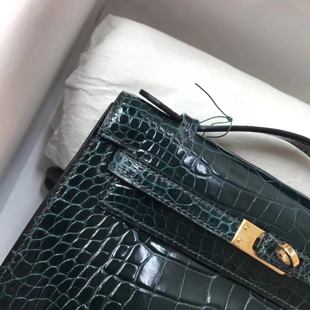 Wholesale Hermes Shiny Crocodile Minikelly Clutch Bag in 1P Blue Colvert Gold Hardware