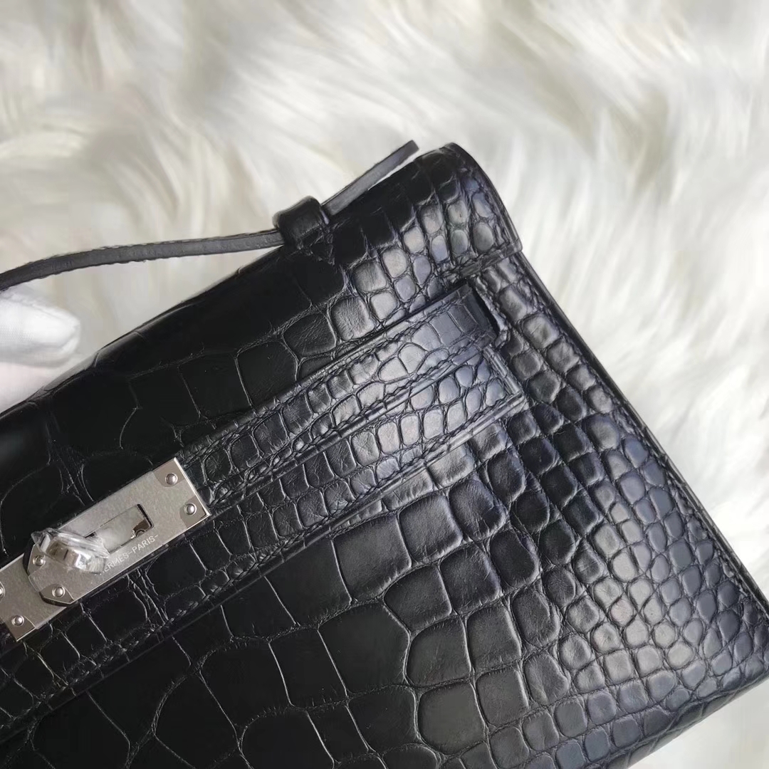 Discount Hermes CK89 Black Matt Crocodile Minikelly Evening Bag Silver Hardware