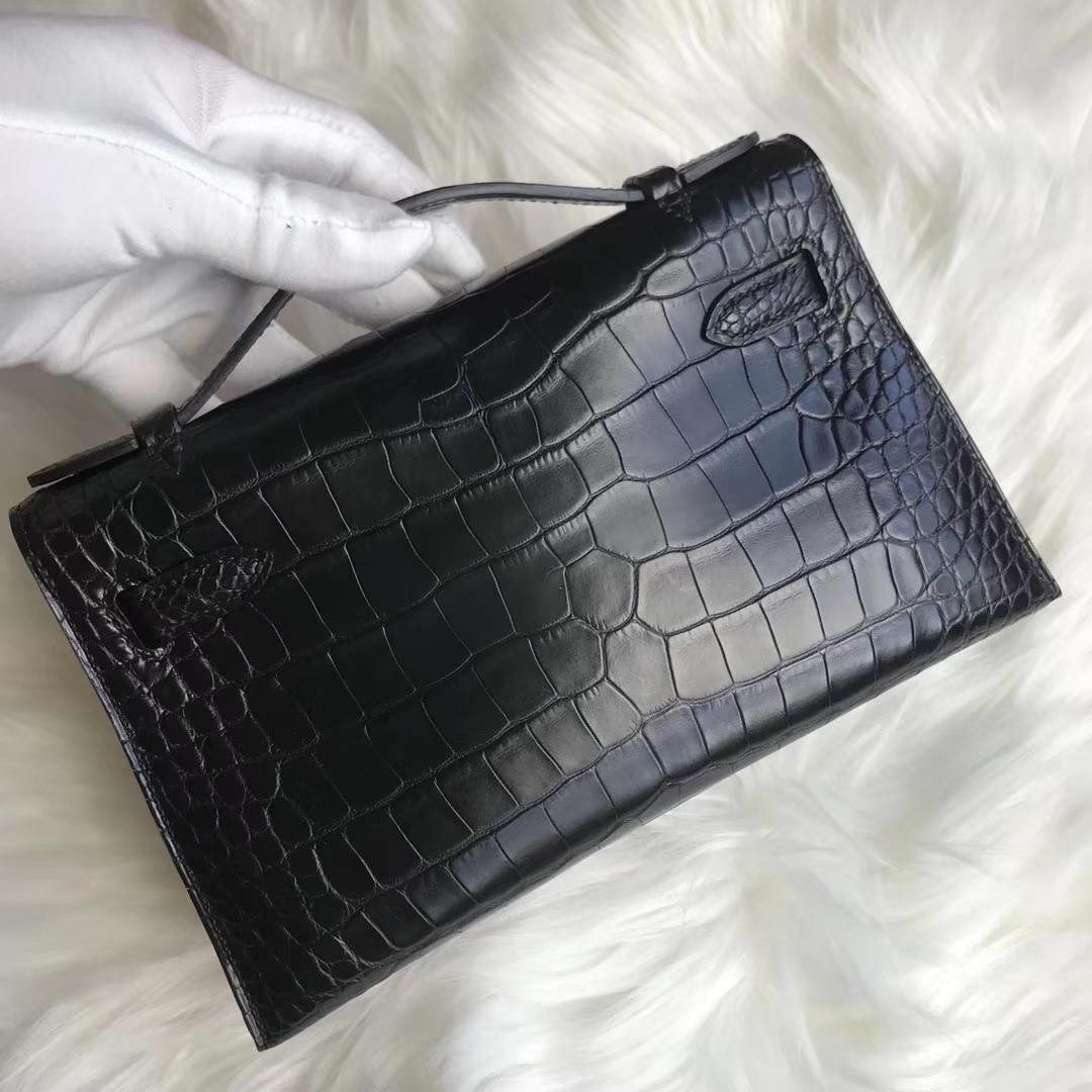 Discount Hermes CK89 Black Matt Crocodile Minikelly Evening Bag Silver Hardware