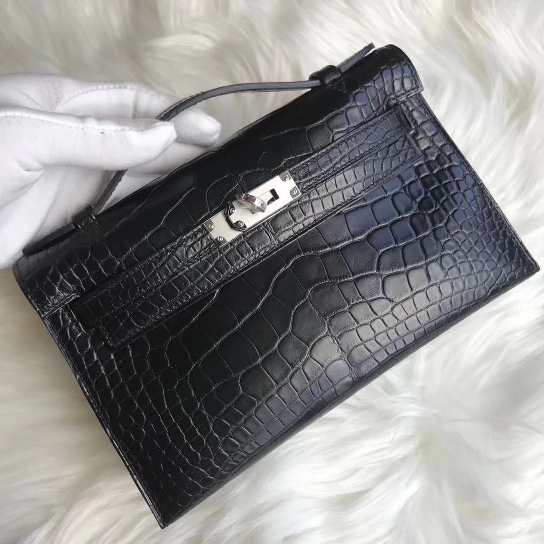 Discount Hermes CK89 Black Matt Crocodile Minikelly Evening Bag Silver Hardware