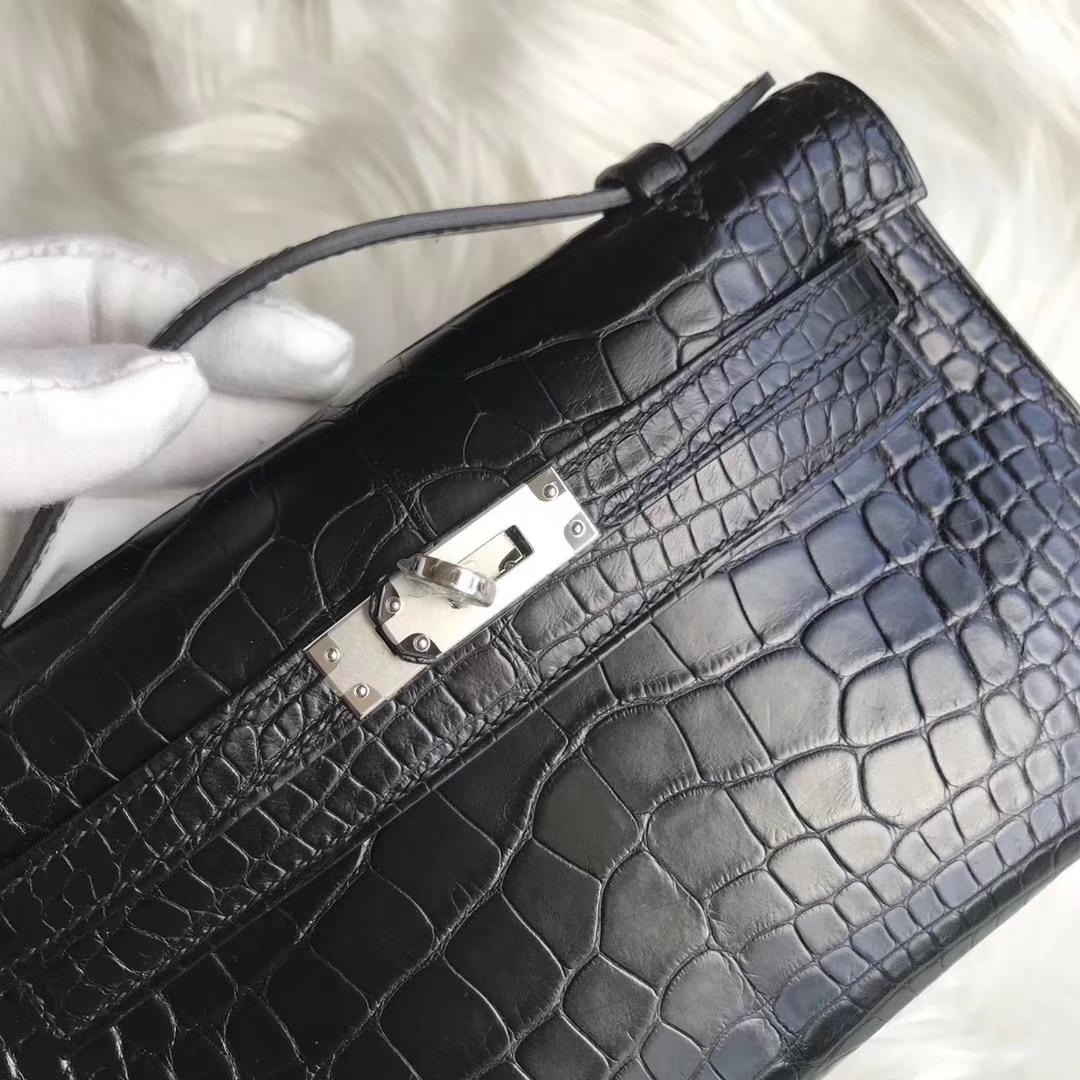 Discount Hermes CK89 Black Matt Crocodile Minikelly Evening Bag Silver Hardware