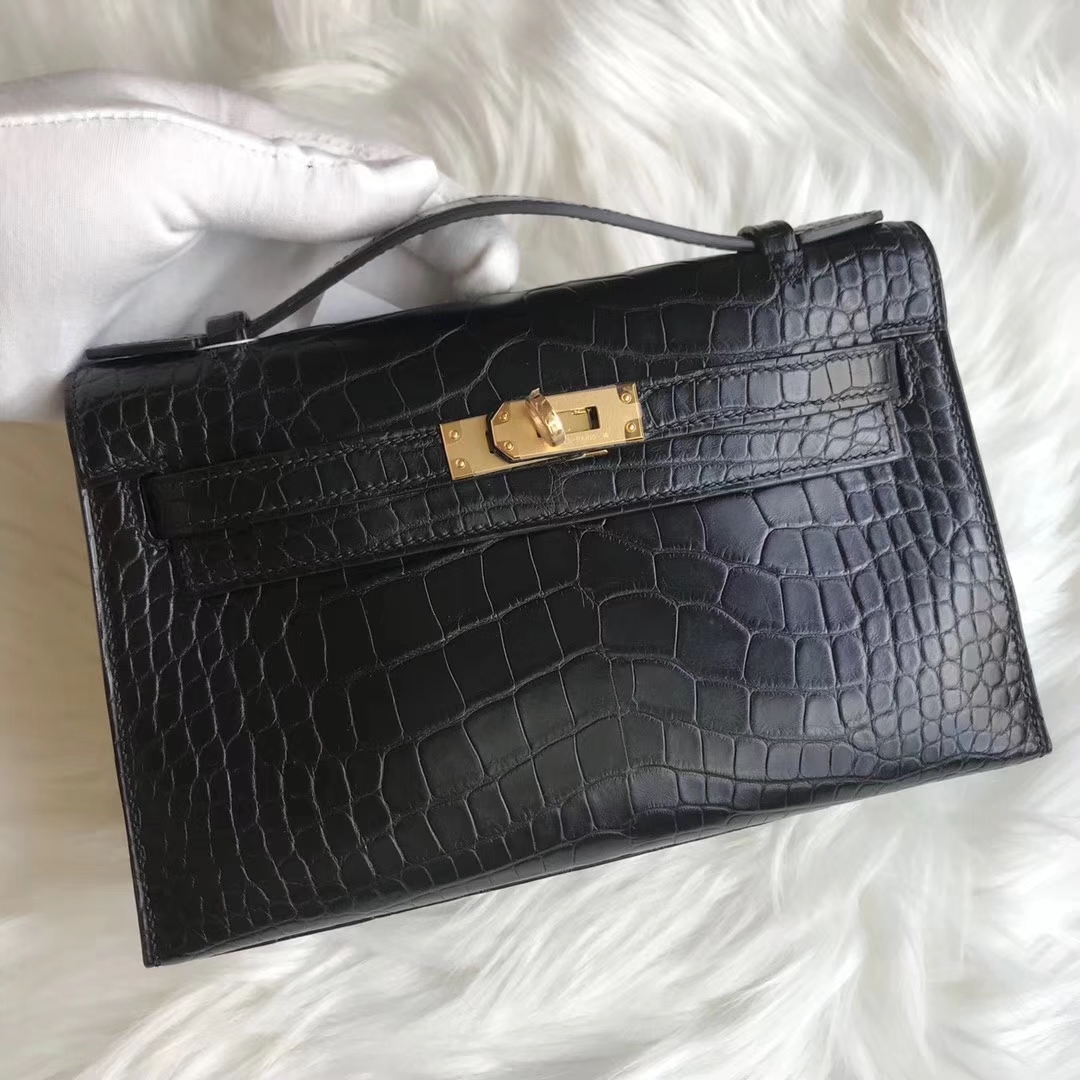 Noble Hermes Black Alligator Matt Crocodile Minikelly22CM Clutch Bag Gold Hardware