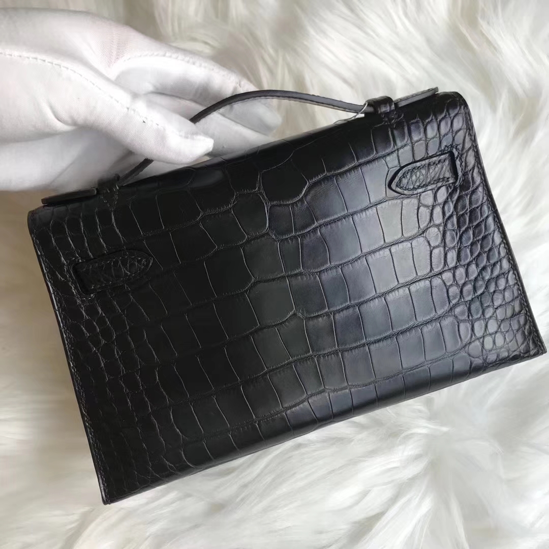 Noble Hermes Black Alligator Matt Crocodile Minikelly22CM Clutch Bag Gold Hardware