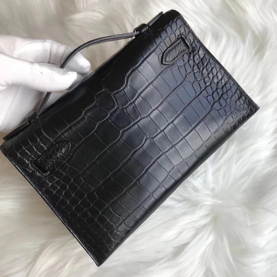 Noble Hermes Black Alligator Matt Crocodile Minikelly22CM Clutch Bag Gold Hardware