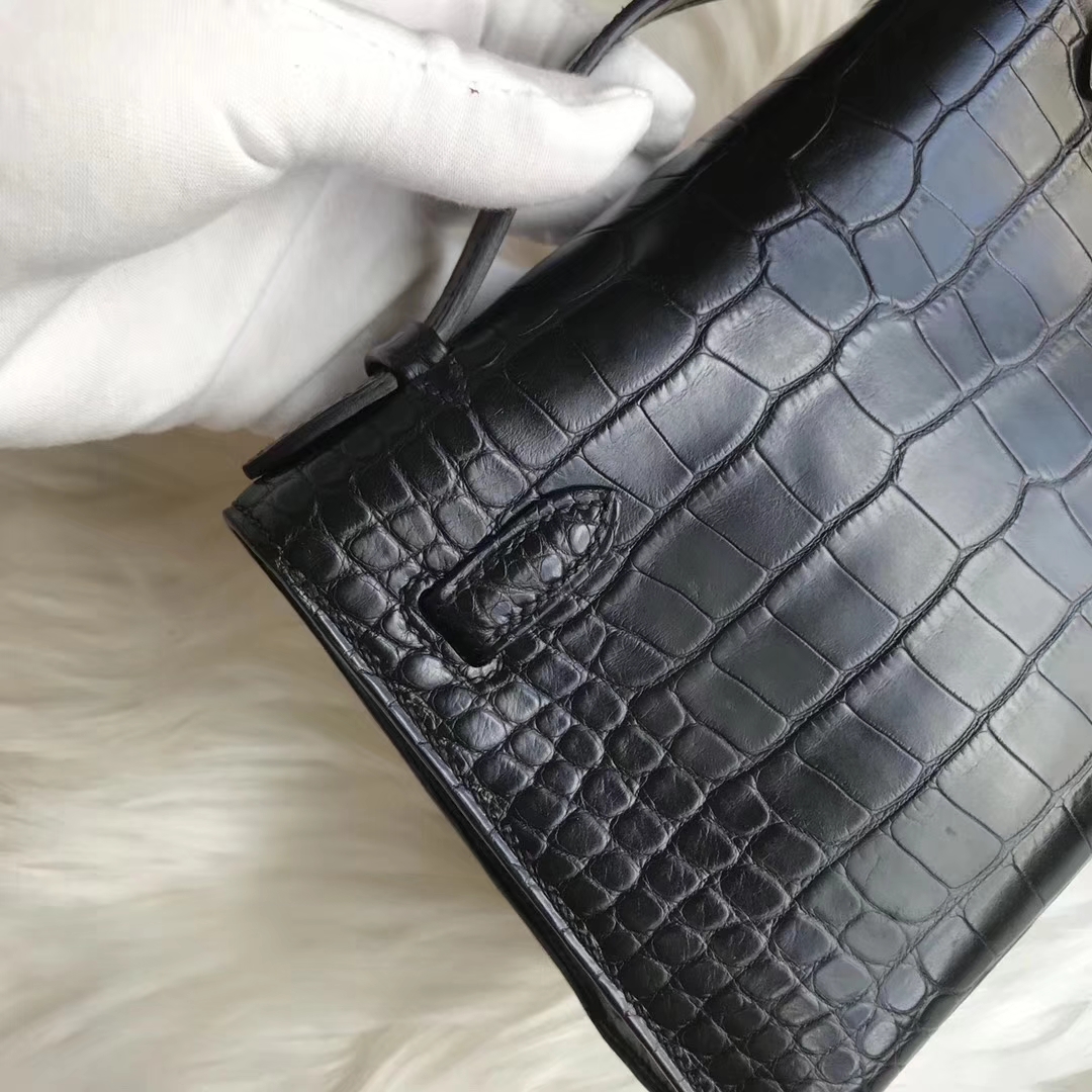 Noble Hermes Black Alligator Matt Crocodile Minikelly22CM Clutch Bag Gold Hardware