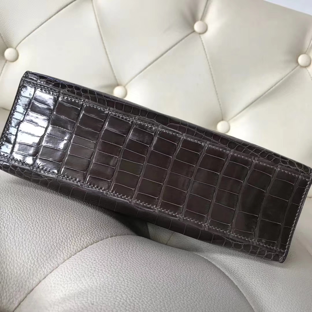New Hermes CK88 Graphite Grey Shiny Crocodile Minikelly Clutch Bag Silver Hardware