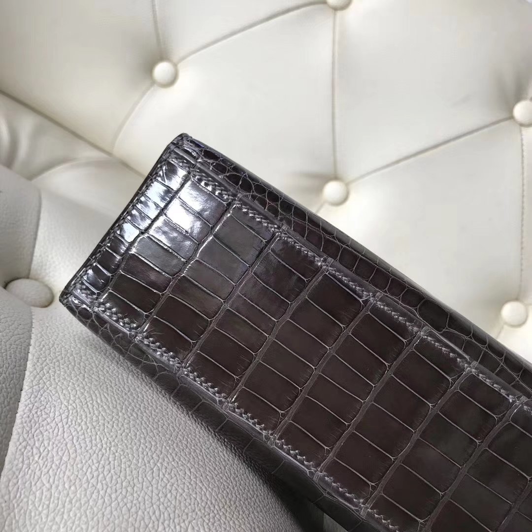 New Hermes CK88 Graphite Grey Shiny Crocodile Minikelly Clutch Bag Silver Hardware