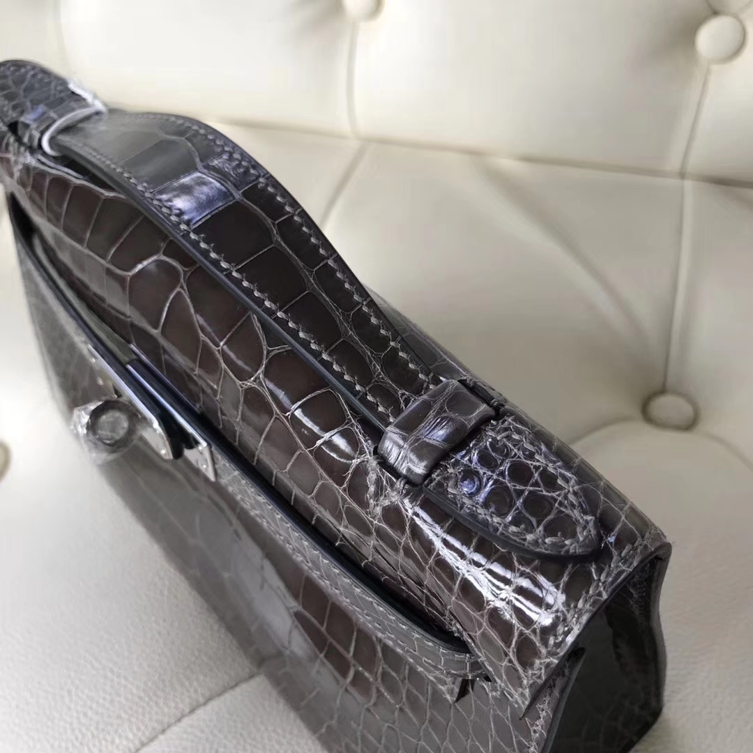 New Hermes CK88 Graphite Grey Shiny Crocodile Minikelly Clutch Bag Silver Hardware
