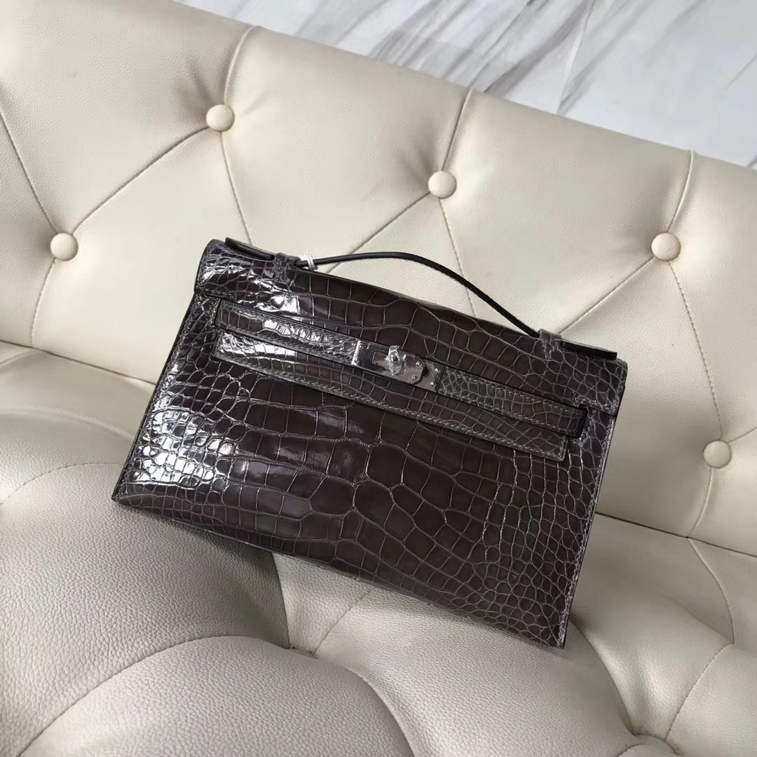 New Hermes CK88 Graphite Grey Shiny Crocodile Minikelly Clutch Bag Silver Hardware