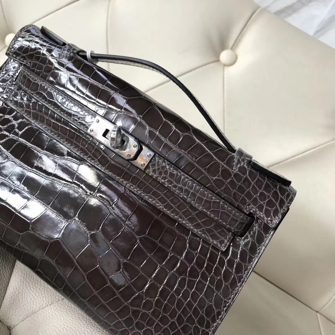 New Hermes CK88 Graphite Grey Shiny Crocodile Minikelly Clutch Bag Silver Hardware