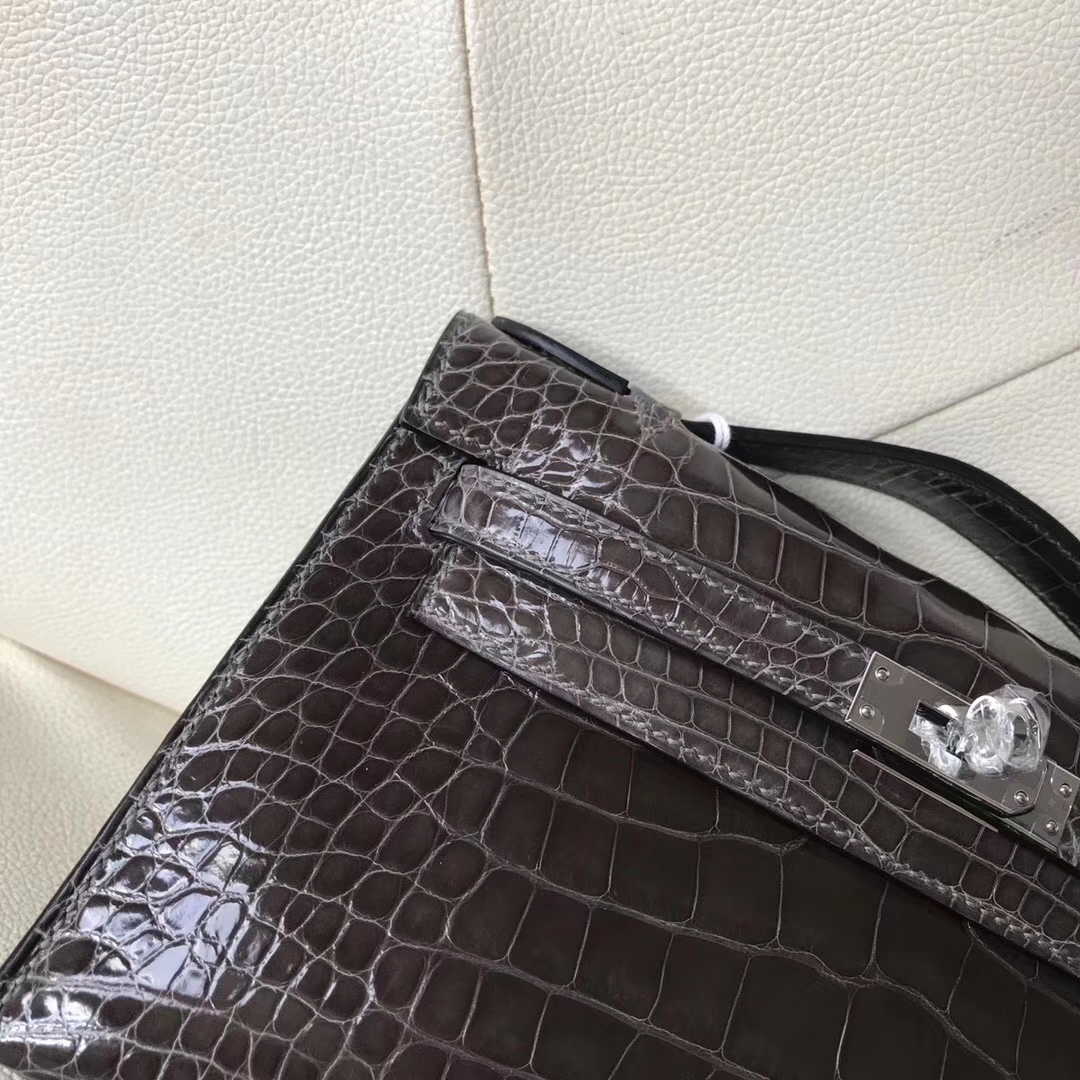 New Hermes CK88 Graphite Grey Shiny Crocodile Minikelly Clutch Bag Silver Hardware