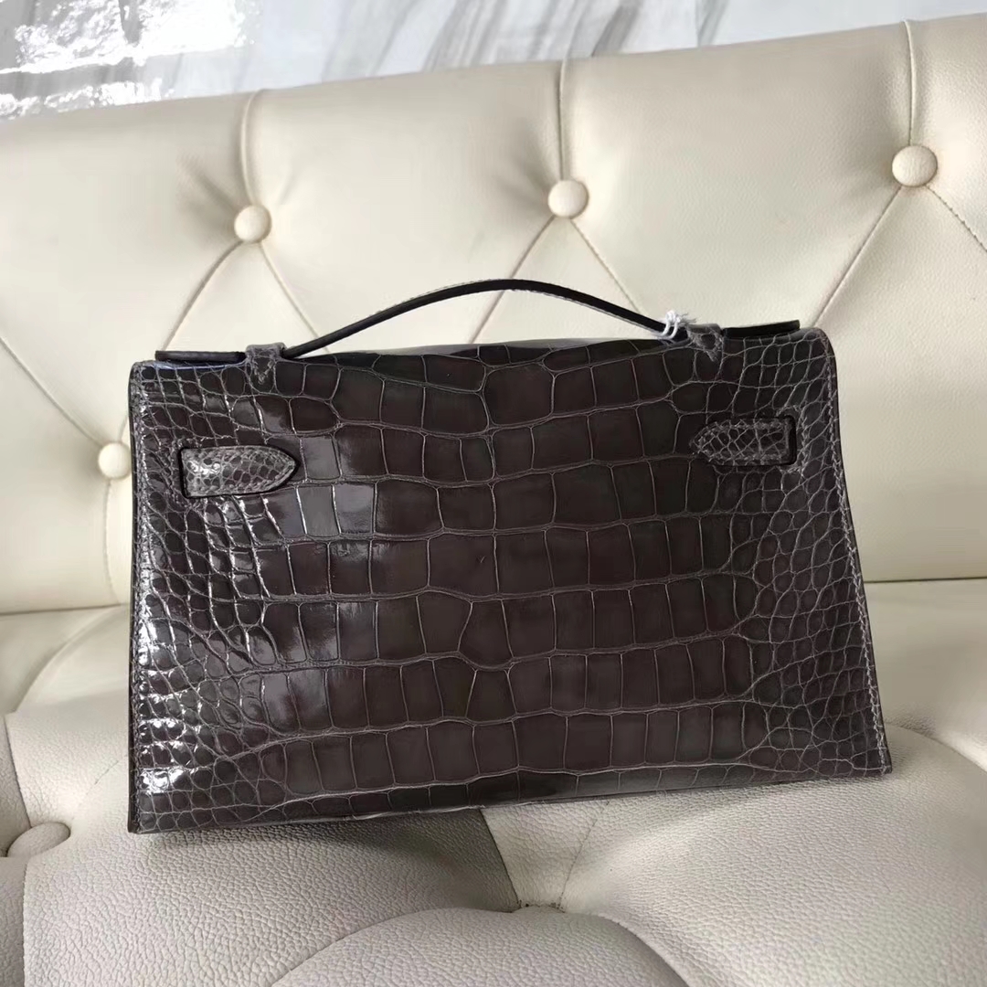New Hermes CK88 Graphite Grey Shiny Crocodile Minikelly Clutch Bag Silver Hardware