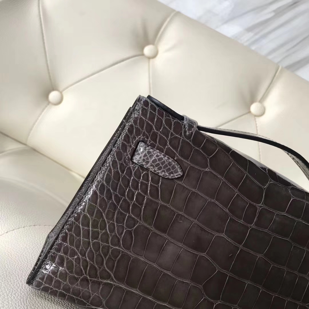 New Hermes CK88 Graphite Grey Shiny Crocodile Minikelly Clutch Bag Silver Hardware