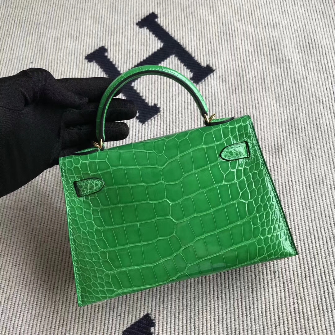 Luxury Hermes Shiny Crocodile Minikelly-2 Evening Clutch Bag in 1L Cacti Green