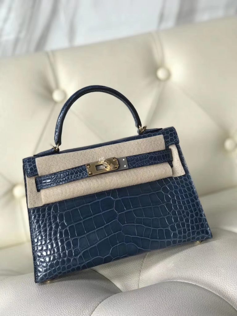 Hermes Shiny Crocodile Minikelly-2 Evening Bag in 7N Blue Tempete