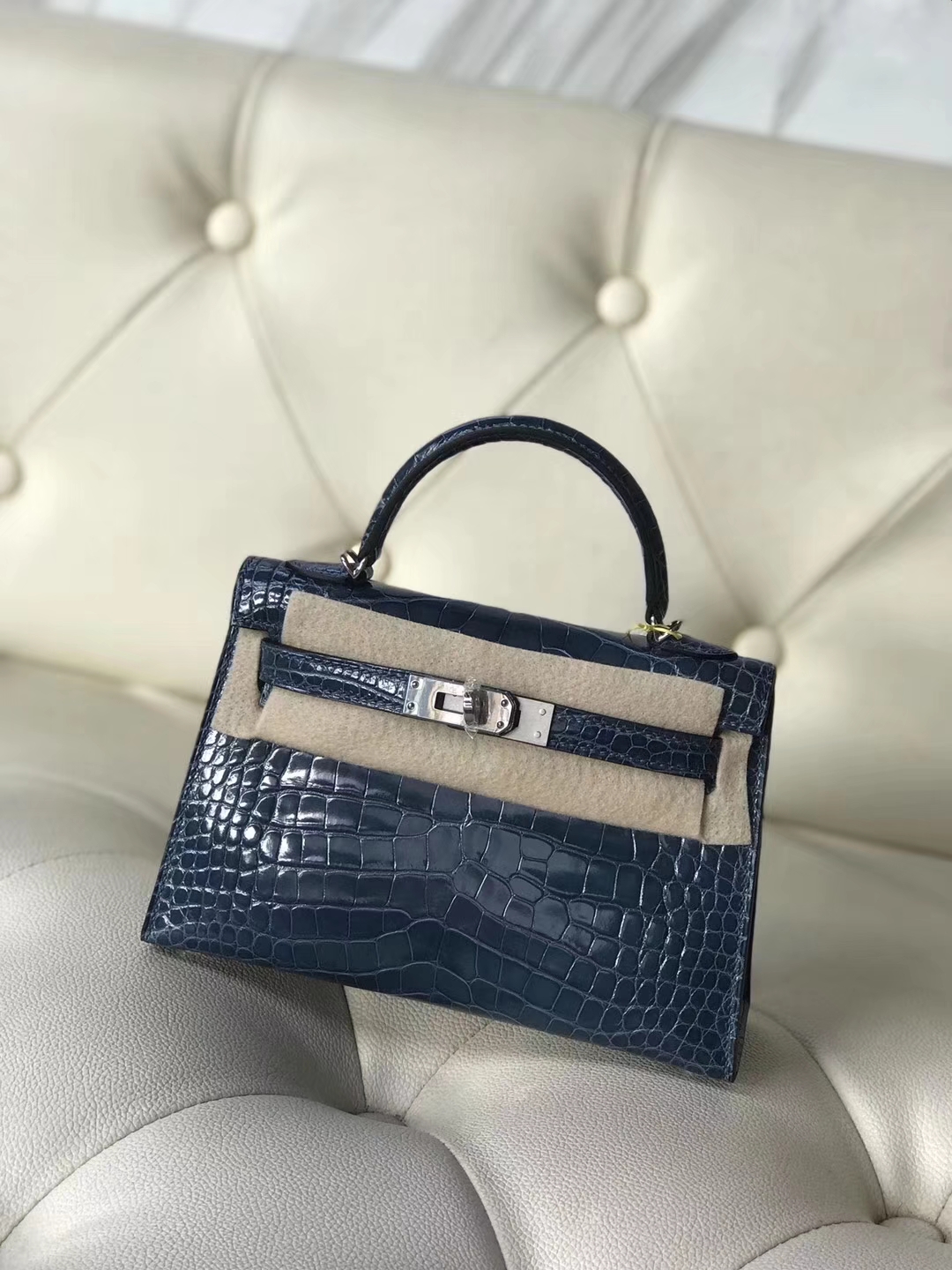 New Arrival Hermes Shiny Crocodile Minikelly-2 Evening Bag in 7N Blue Tempete