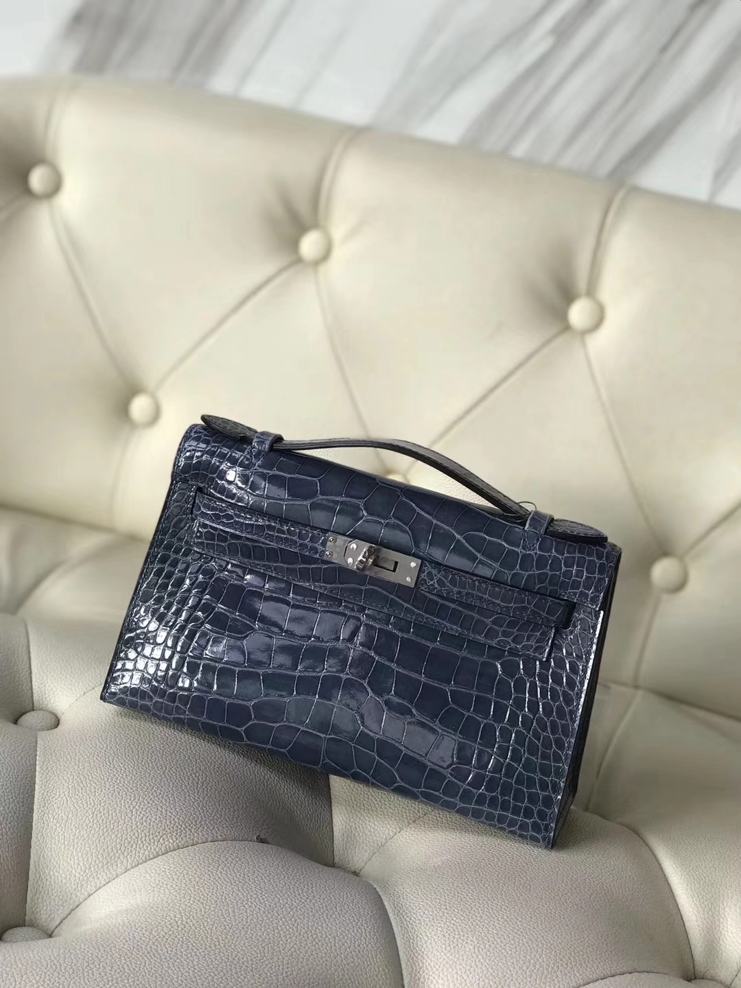 Noble Hermes 7N Blue Tampete Shiny Crocodile Minikelly Clutch Bag Silver Hardware