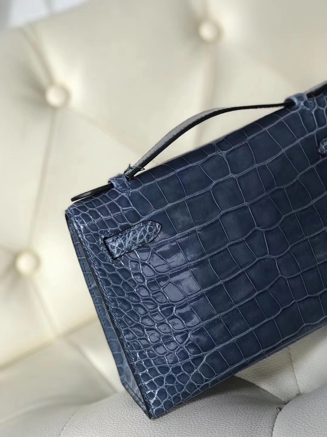 Noble Hermes 7N Blue Tampete Shiny Crocodile Minikelly Clutch Bag Silver Hardware