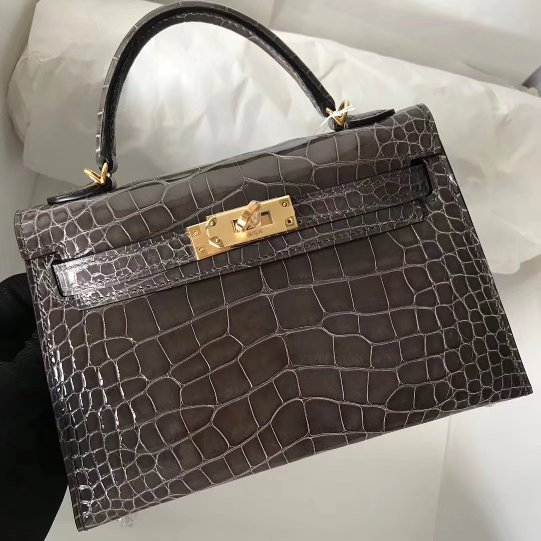 Noble Hermes CK88 Graphite Grey Shiny Crocodile Minikelly-2 Clutch Bag