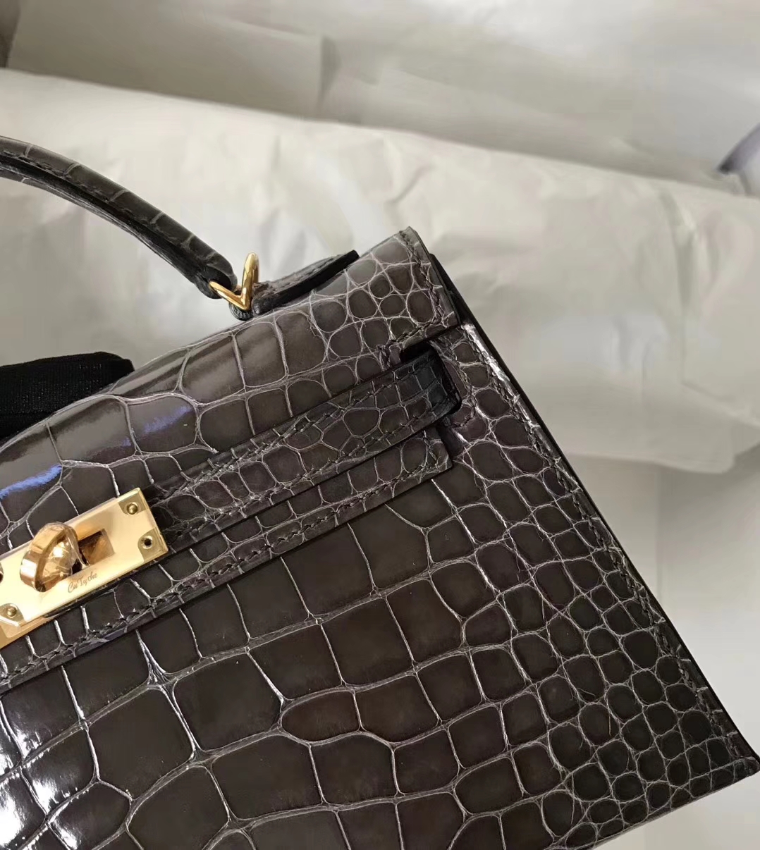 Noble Hermes CK88 Graphite Grey Shiny Crocodile Minikelly-2 Clutch Bag