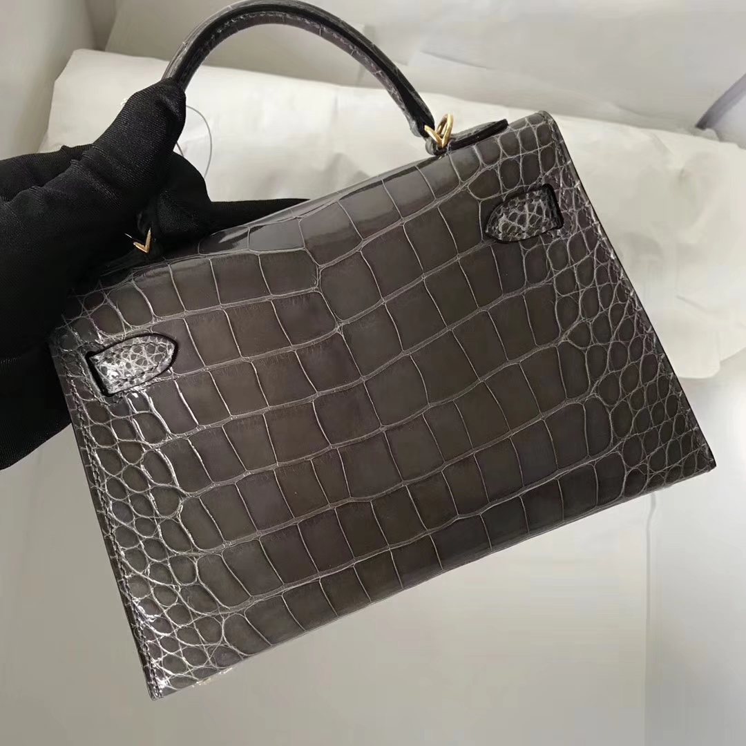 Noble Hermes CK88 Graphite Grey Shiny Crocodile Minikelly-2 Clutch Bag