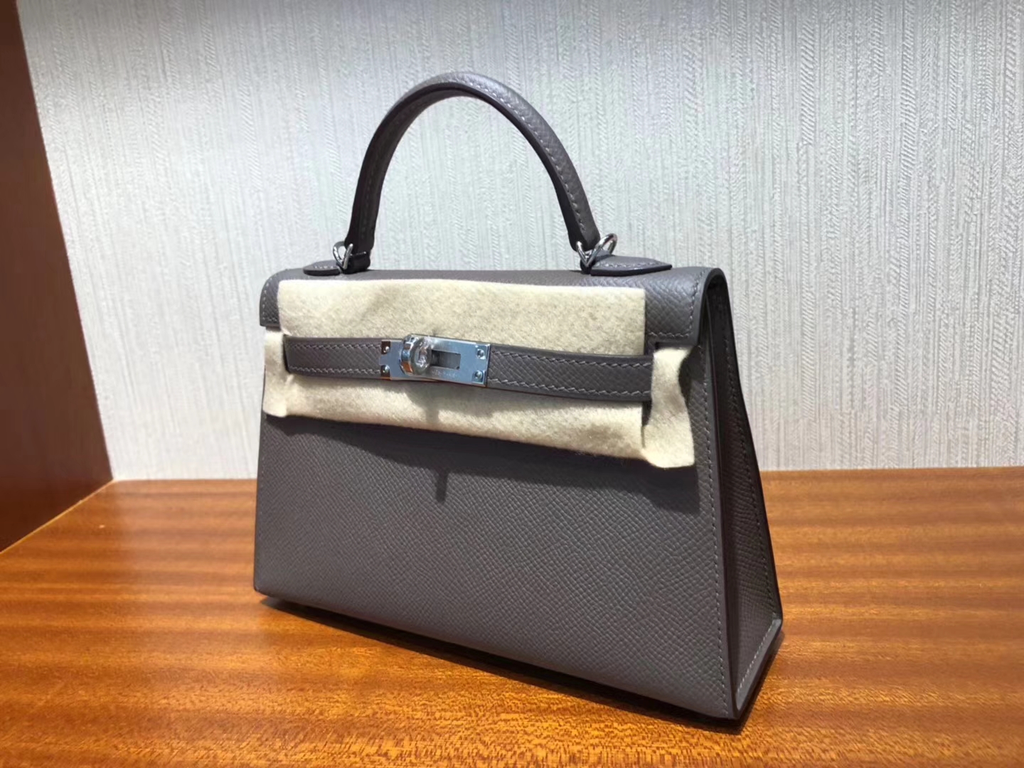 Wholesale Hermes Epsom Calf Minikelly-2 Clutch Bag in 8F Etain Grey Silver Hardware
