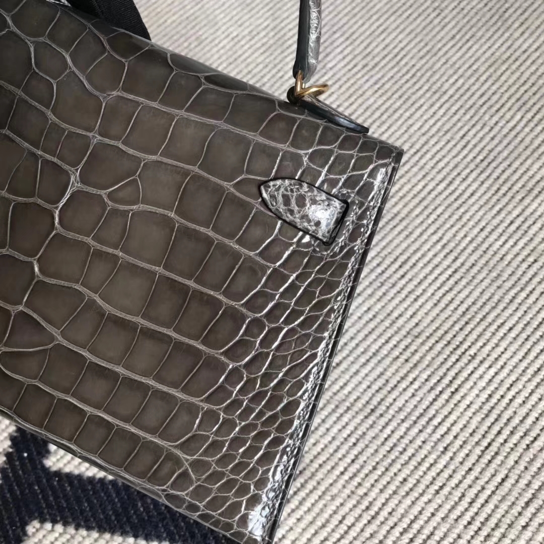 Luxury Hermes CK88 Graphite Grey Alligator Shiny Crocodile Minikelly-2 Clutch Bag