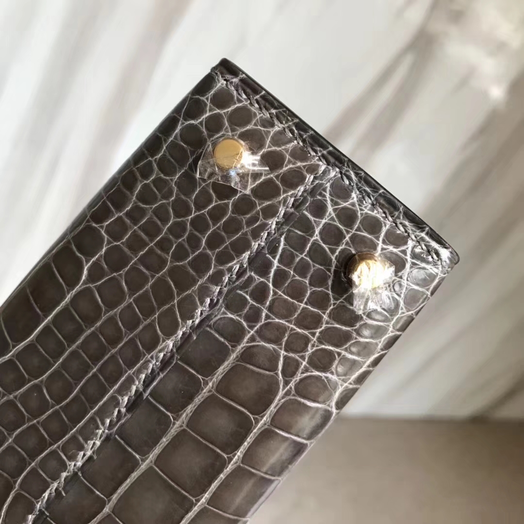Luxury Hermes CK88 Graphite Grey Alligator Shiny Crocodile Minikelly-2 Clutch Bag
