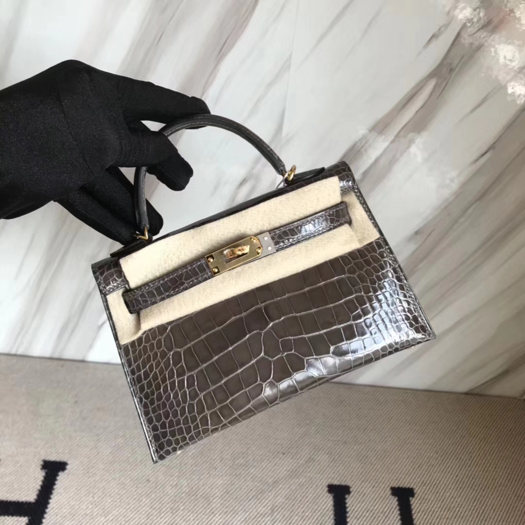 Luxury Hermes CK88 Graphite Grey Alligator Shiny Crocodile Minikelly-2 Clutch Bag