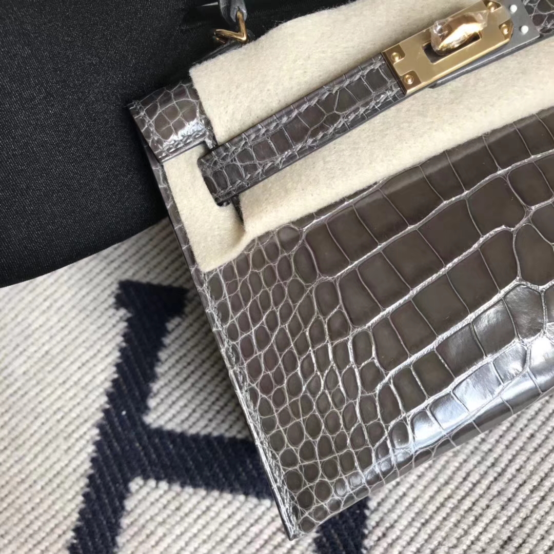 Luxury Hermes CK88 Graphite Grey Alligator Shiny Crocodile Minikelly-2 Clutch Bag