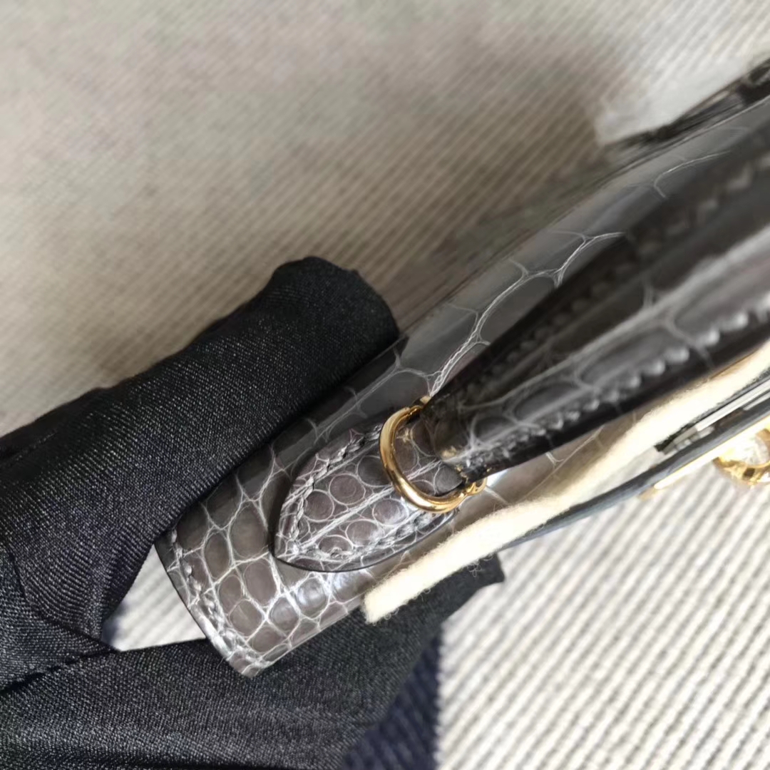 Luxury Hermes CK88 Graphite Grey Alligator Shiny Crocodile Minikelly-2 Clutch Bag