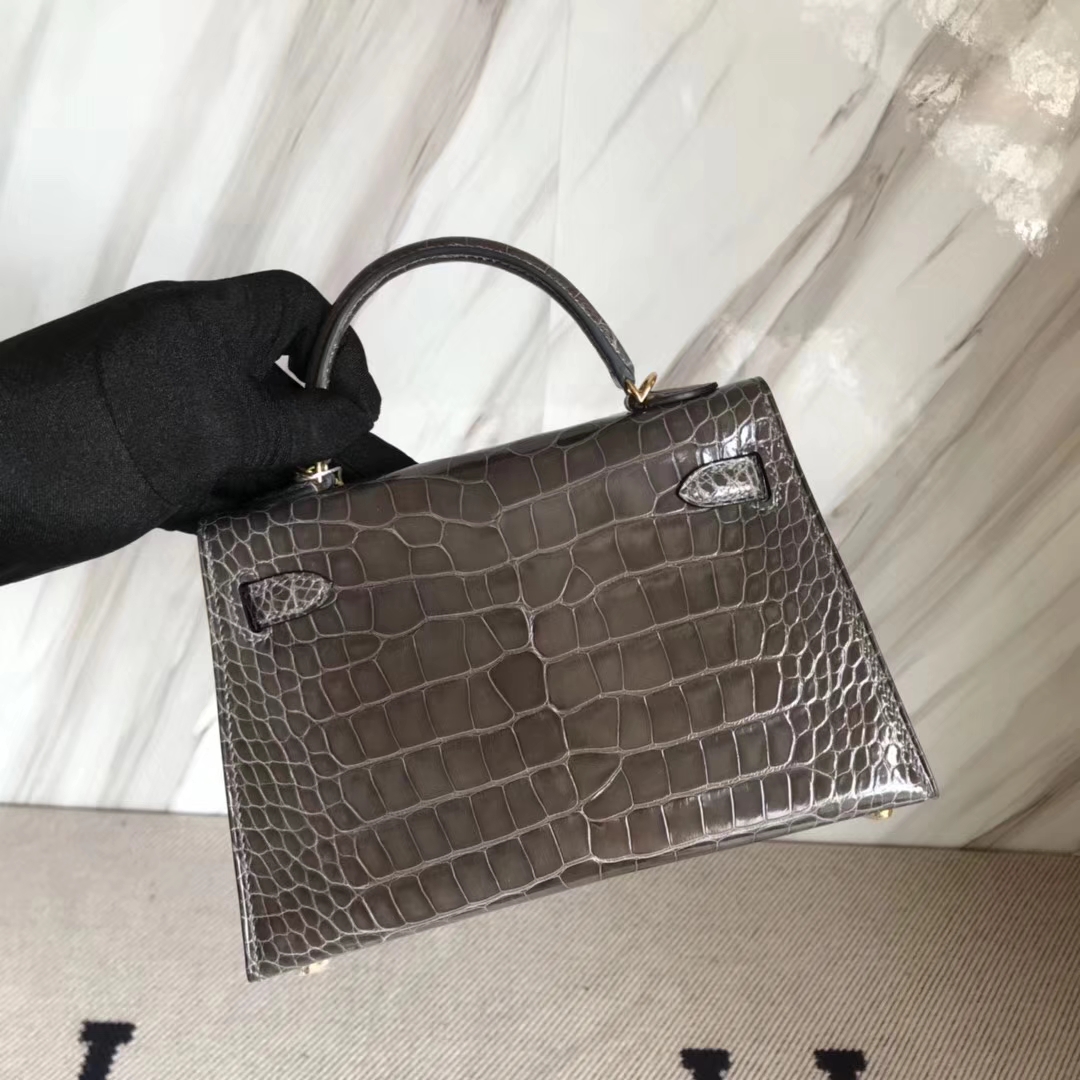 Luxury Hermes CK88 Graphite Grey Alligator Shiny Crocodile Minikelly-2 Clutch Bag