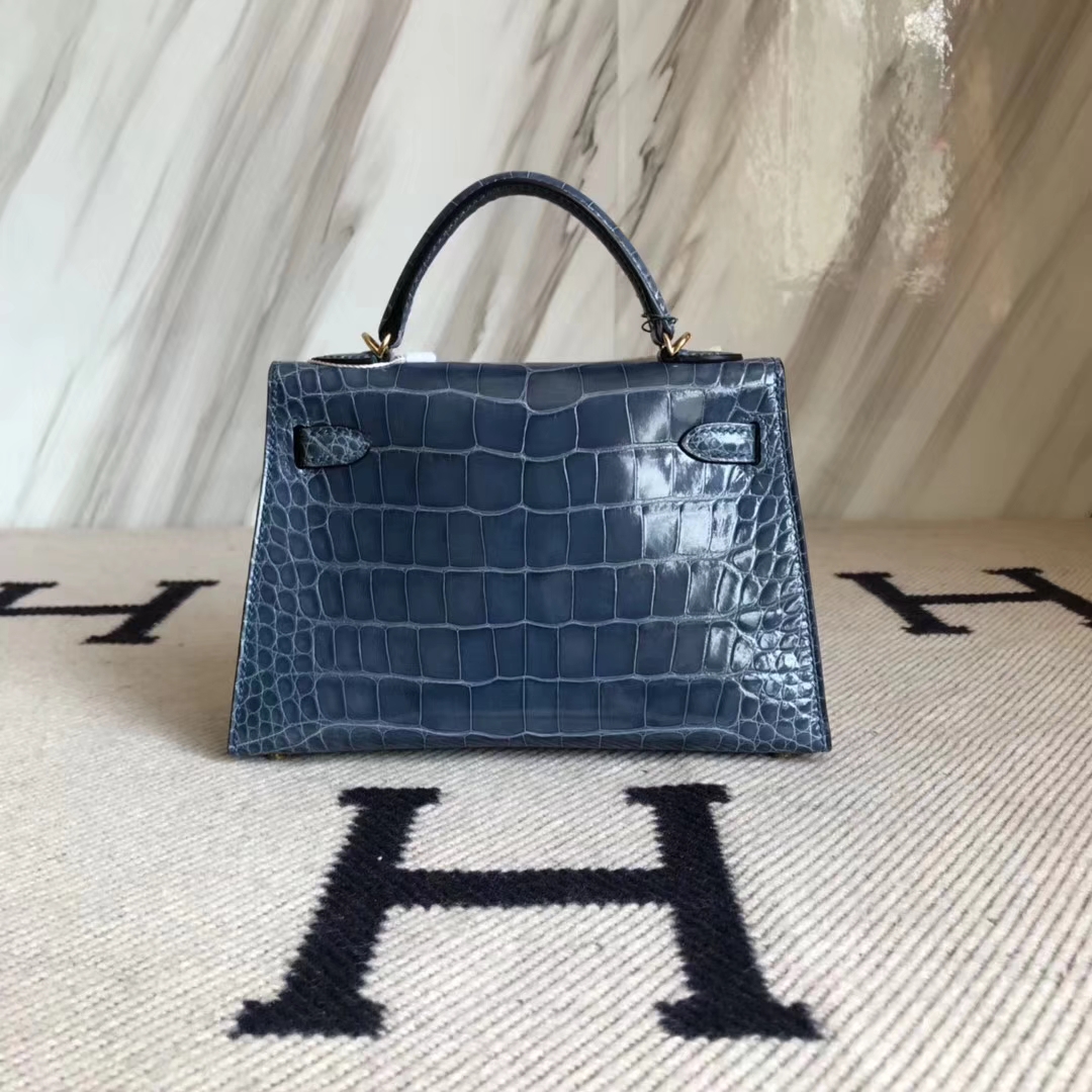 Elegant Hermes N7 Blue Tempete Shiny Crocodile Minikelly-2 Evening Bag