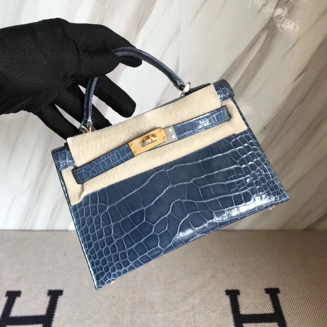 Elegant Hermes N7 Blue Tempete Shiny Crocodile Minikelly-2 Evening Bag