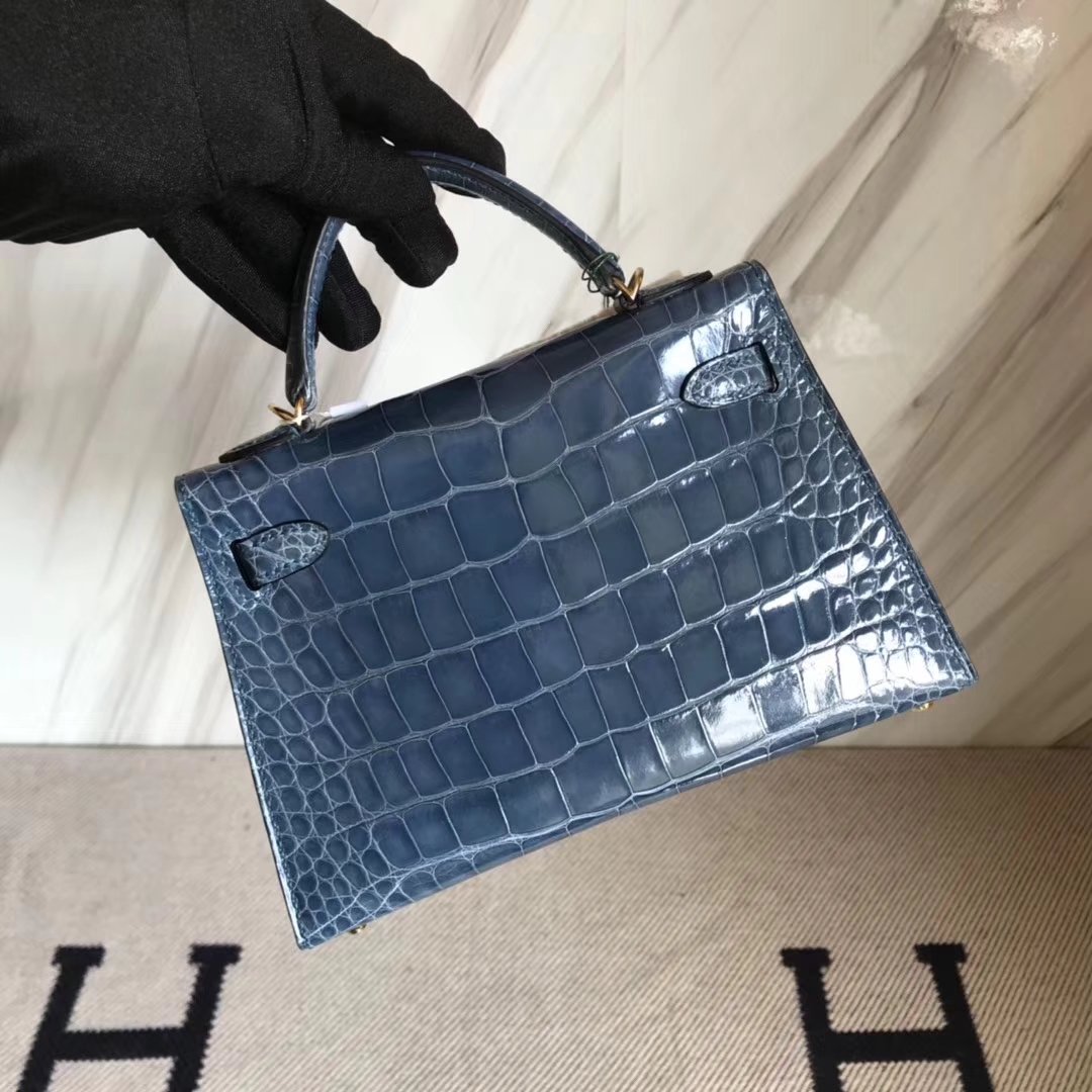 Elegant Hermes N7 Blue Tempete Shiny Crocodile Minikelly-2 Evening Bag