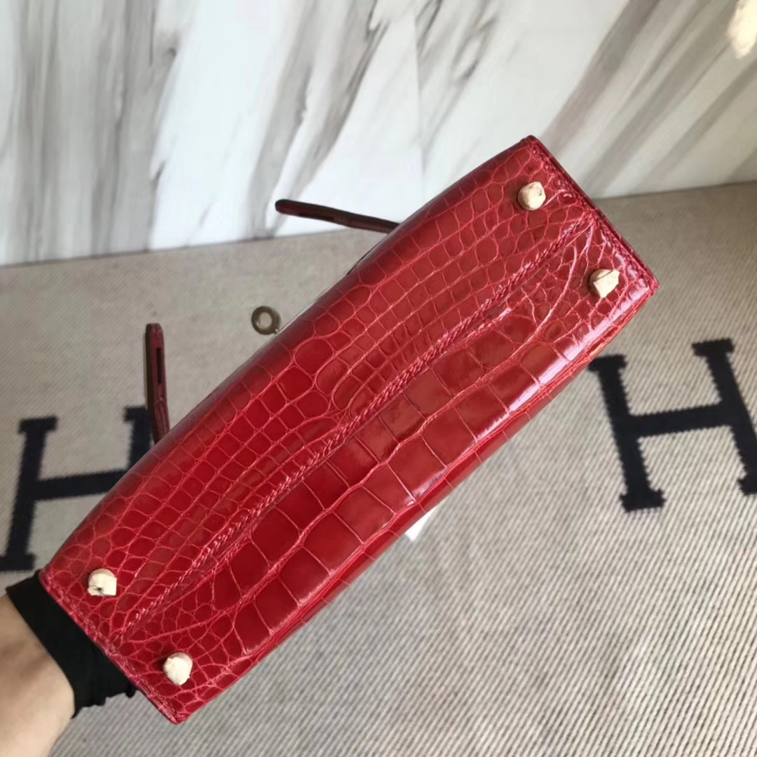 Fashion Hermes Shiny Crocodile Minikelly-2 Clutch Bag in CK95 Braise Silver Hardware