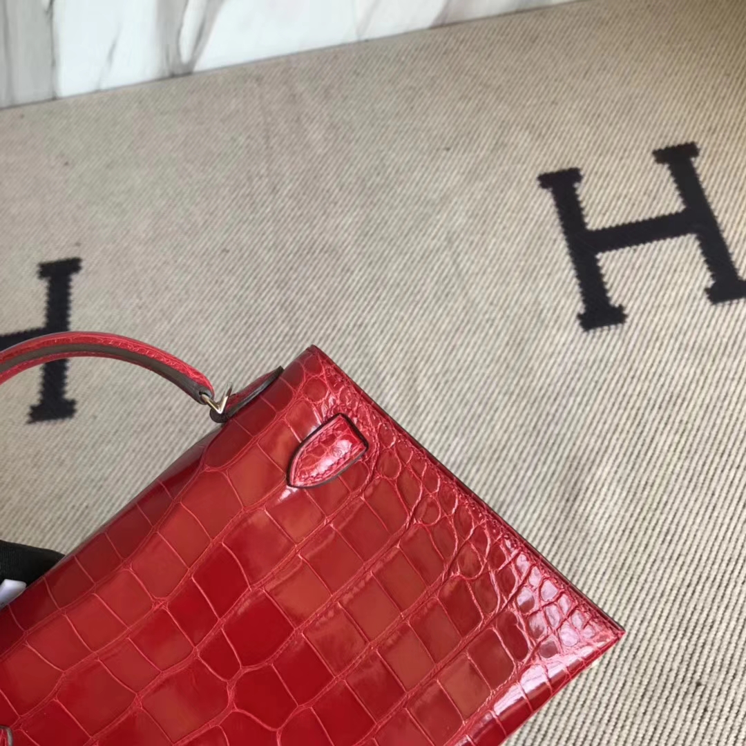 Fashion Hermes Shiny Crocodile Minikelly-2 Clutch Bag in CK95 Braise Silver Hardware