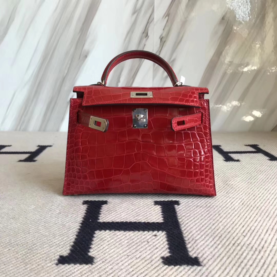 Fashion Hermes Shiny Crocodile Minikelly-2 Clutch Bag in CK95 Braise Silver Hardware