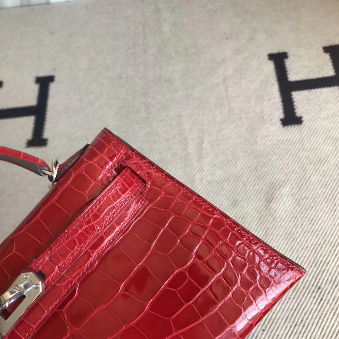 Fashion Hermes Shiny Crocodile Minikelly-2 Clutch Bag in CK95 Braise Silver Hardware