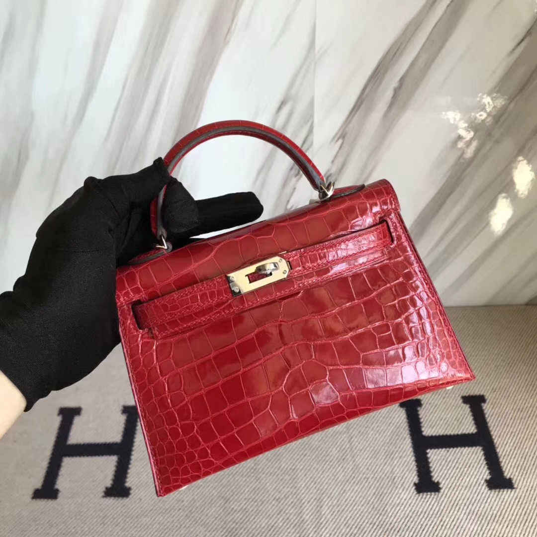 Fashion Hermes Shiny Crocodile Minikelly-2 Clutch Bag in CK95 Braise Silver Hardware