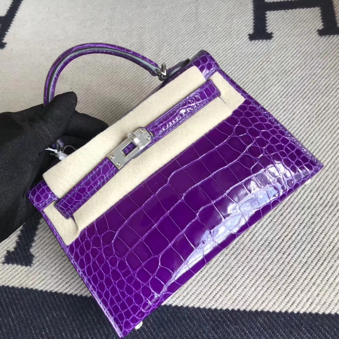 Noble Hermes 5L Ultraviolet Shiny Crocodile Minikelly-2 Evening Clutch Bag