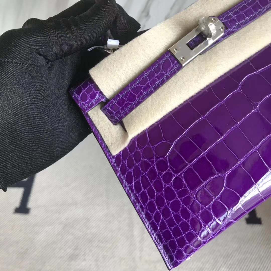 Noble Hermes 5L Ultraviolet Shiny Crocodile Minikelly-2 Evening Clutch Bag