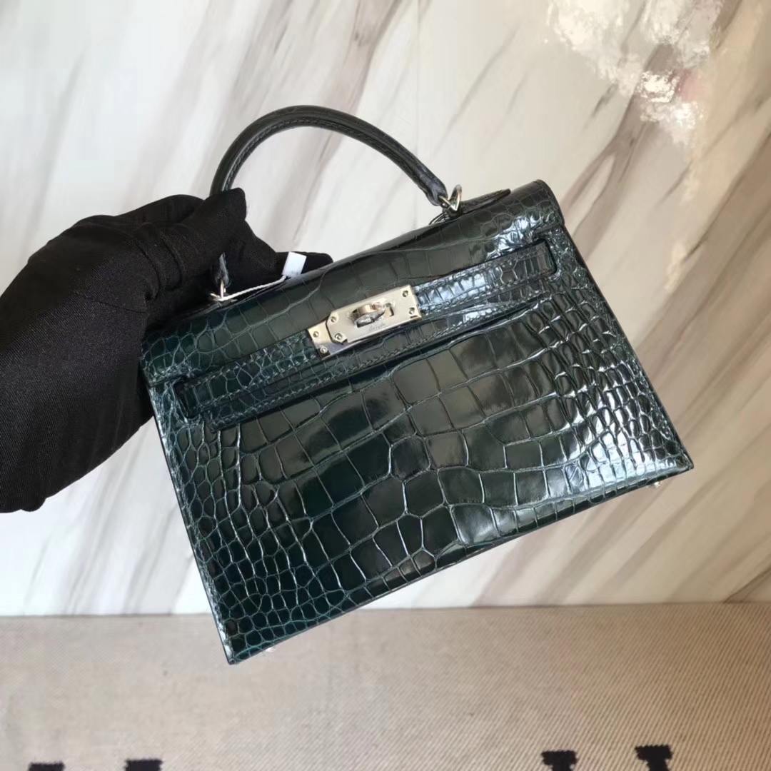 New Hermes 1P Blue Colvert Shiny Crocodile Leather Minikelly-2 Bag Silver Hardware