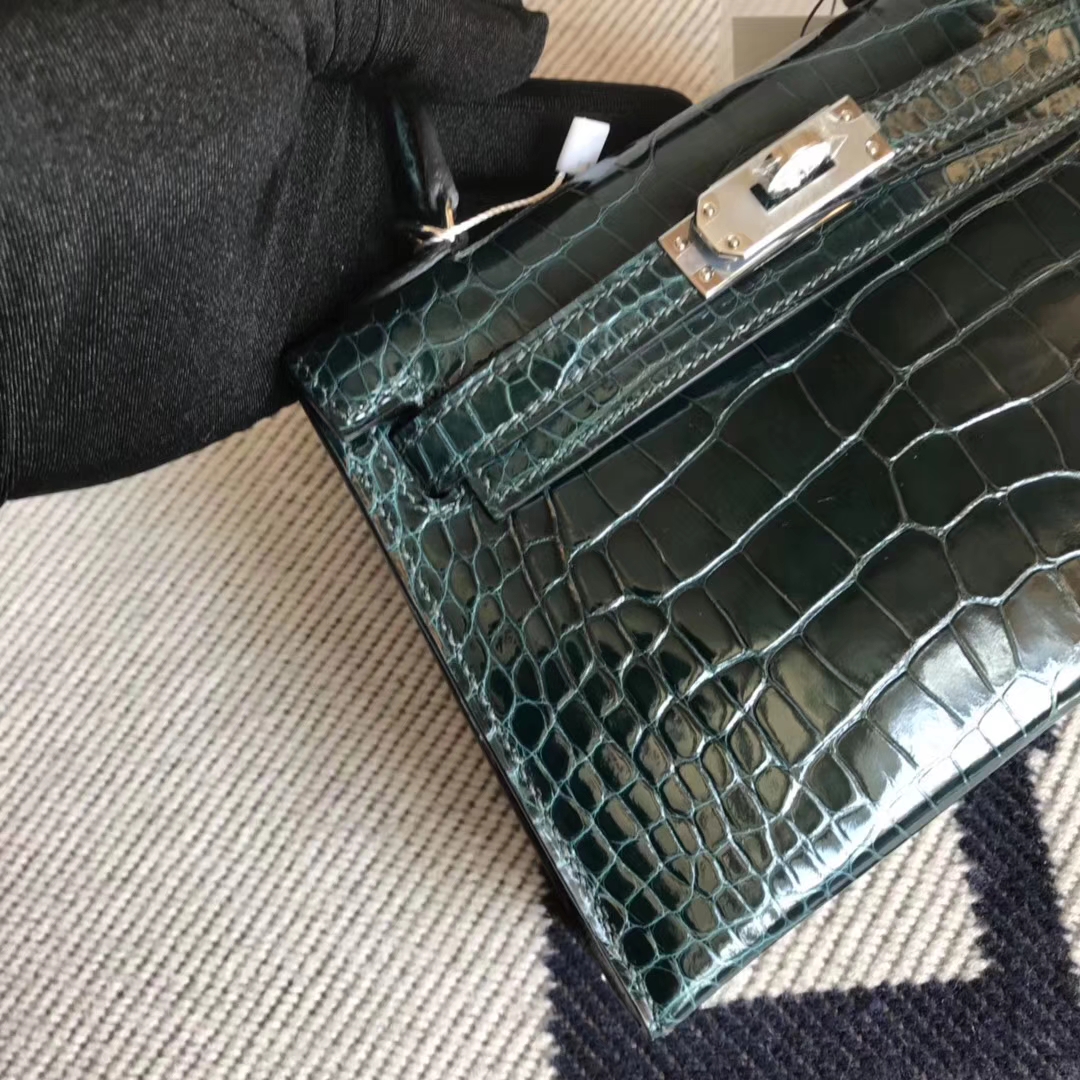 New Hermes 1P Blue Colvert Shiny Crocodile Leather Minikelly-2 Bag Silver Hardware