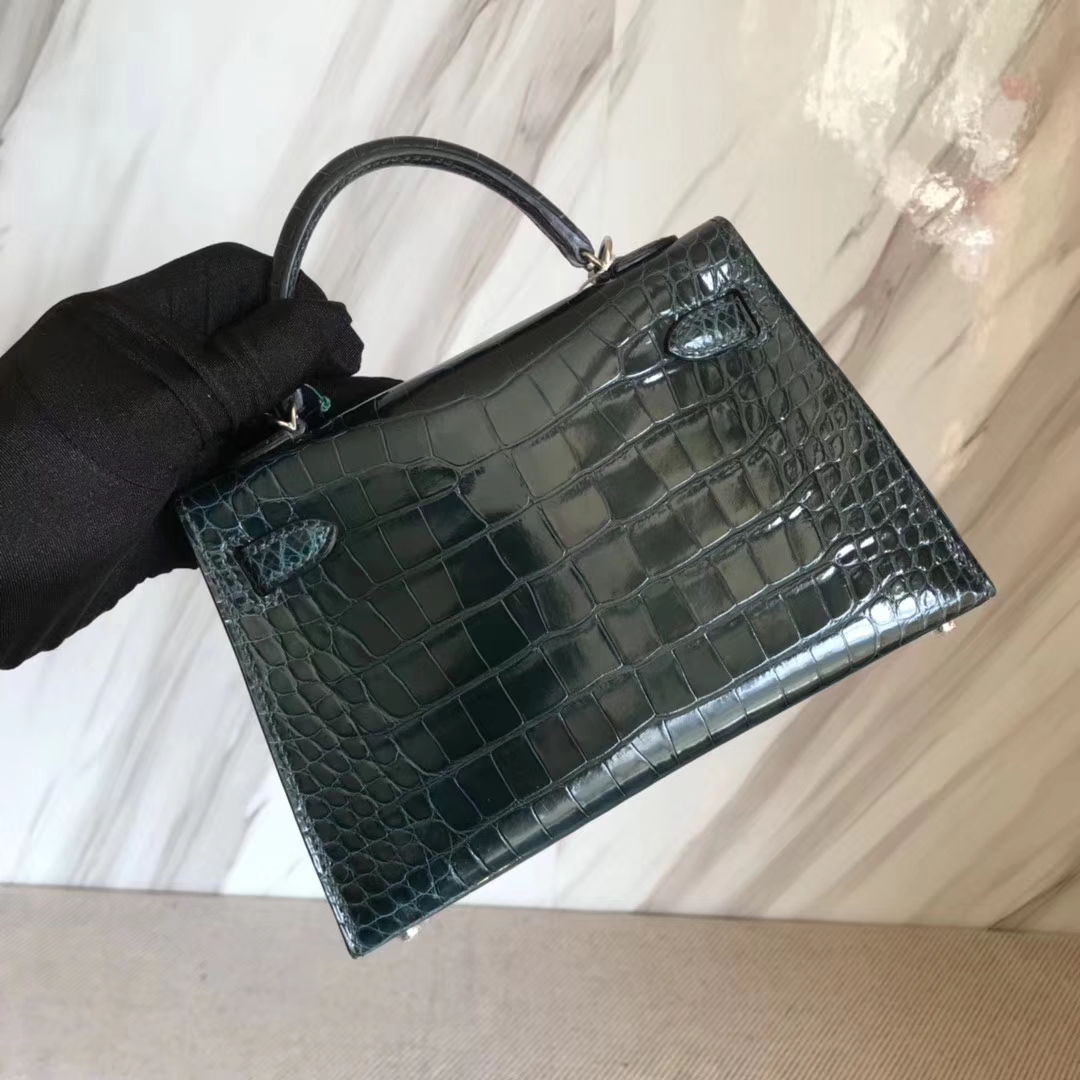 New Hermes 1P Blue Colvert Shiny Crocodile Leather Minikelly-2 Bag Silver Hardware