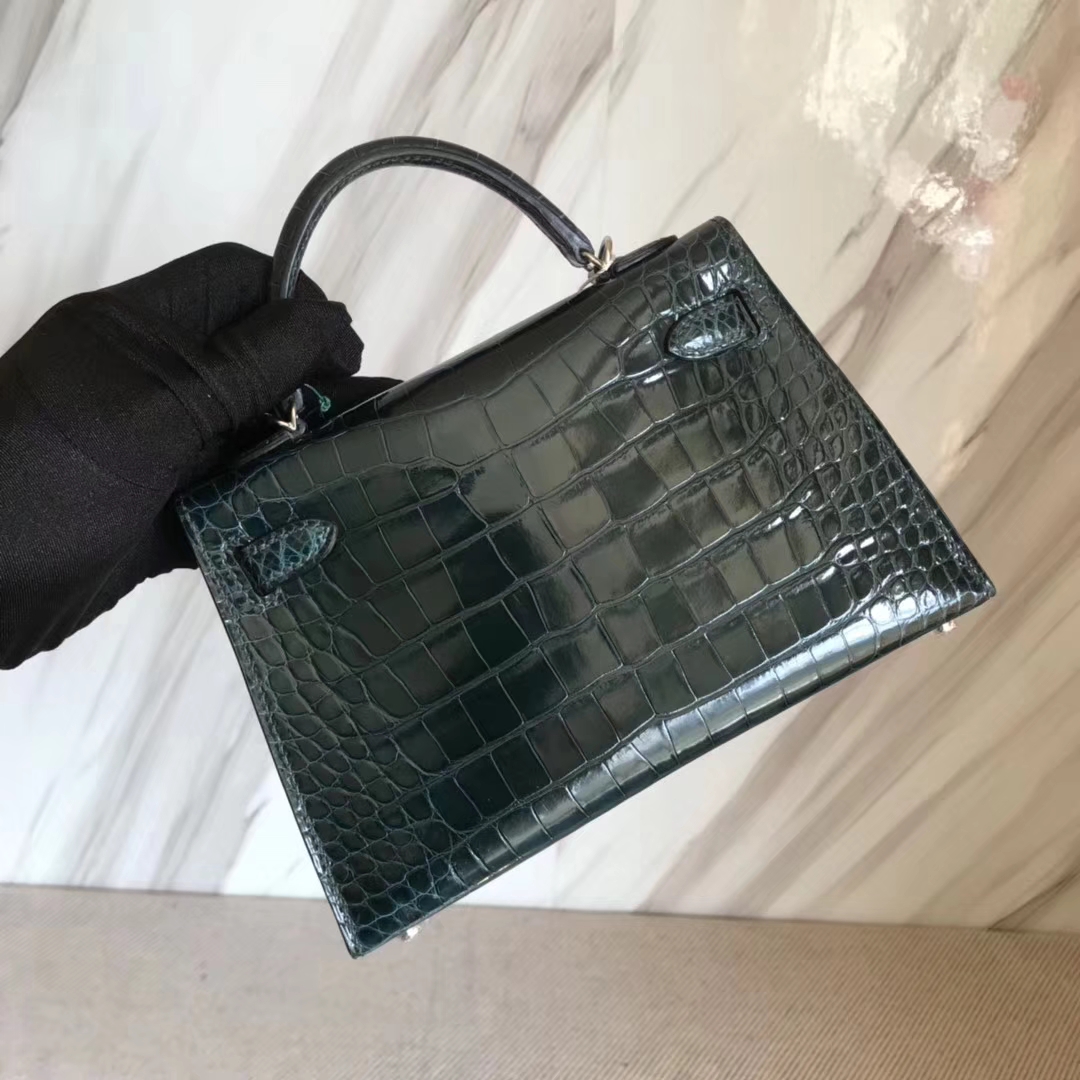 New Hermes 1P Blue Colvert Shiny Crocodile Leather Minikelly-2 Bag Silver Hardware